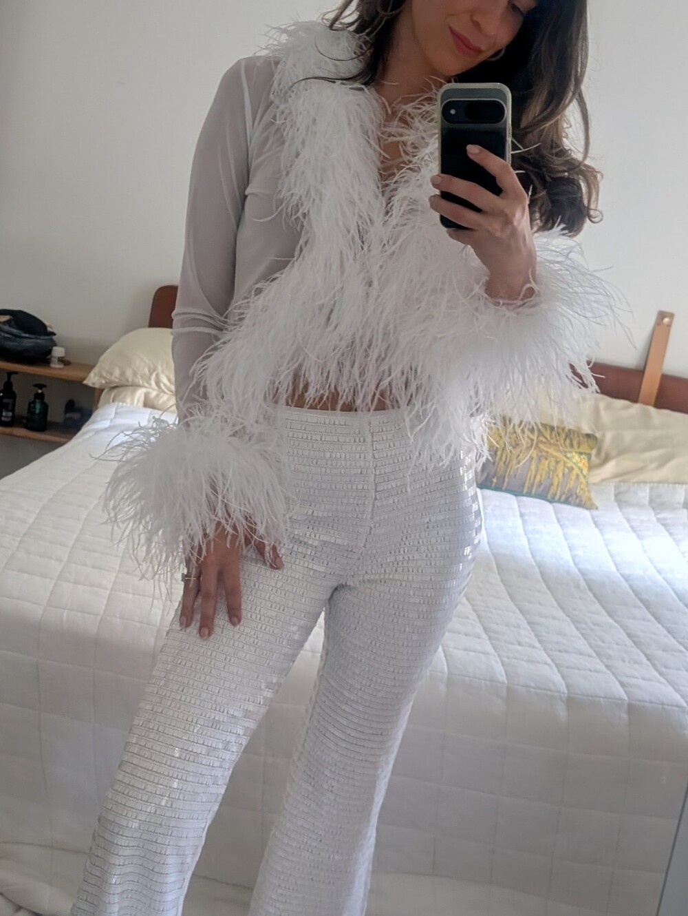 White Sheer Ostrich Feather Trim Blouse - Picture 2 of 2